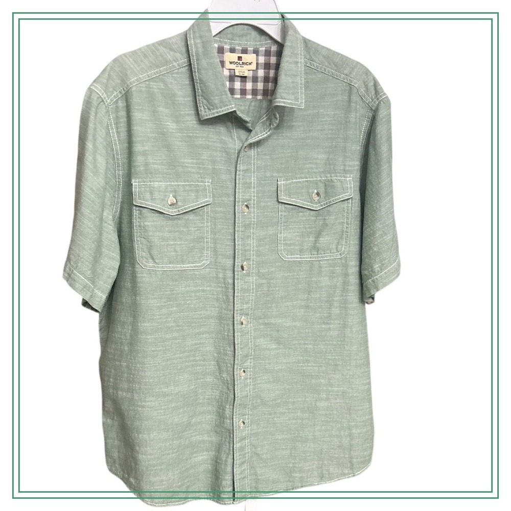 Woolrich Mens XL Sage Green Slub Cotton Short Sleeve Button Down Work Shirt